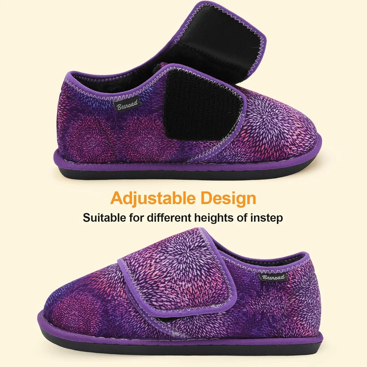 Besroad Womens Furry Memory Foam House Slippers Wide Diabetic Shoes Adjustable Bedroom Slippers Arthritis Edema Swollen House Shoes Indoor Outdoor