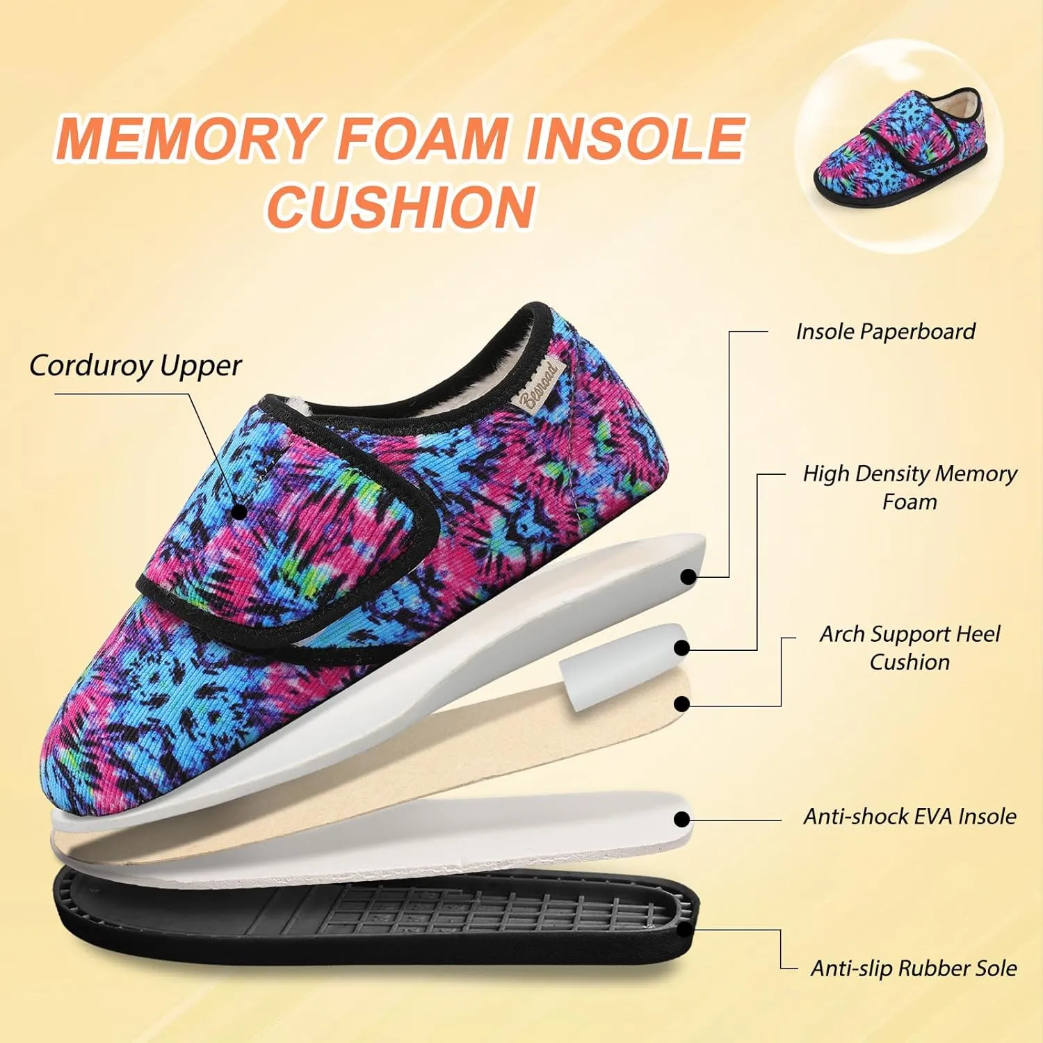 Besroad Womens Furry Memory Foam House Slippers Wide Diabetic Shoes Adjustable Bedroom Slippers Arthritis Edema Swollen House Shoes Indoor Outdoor