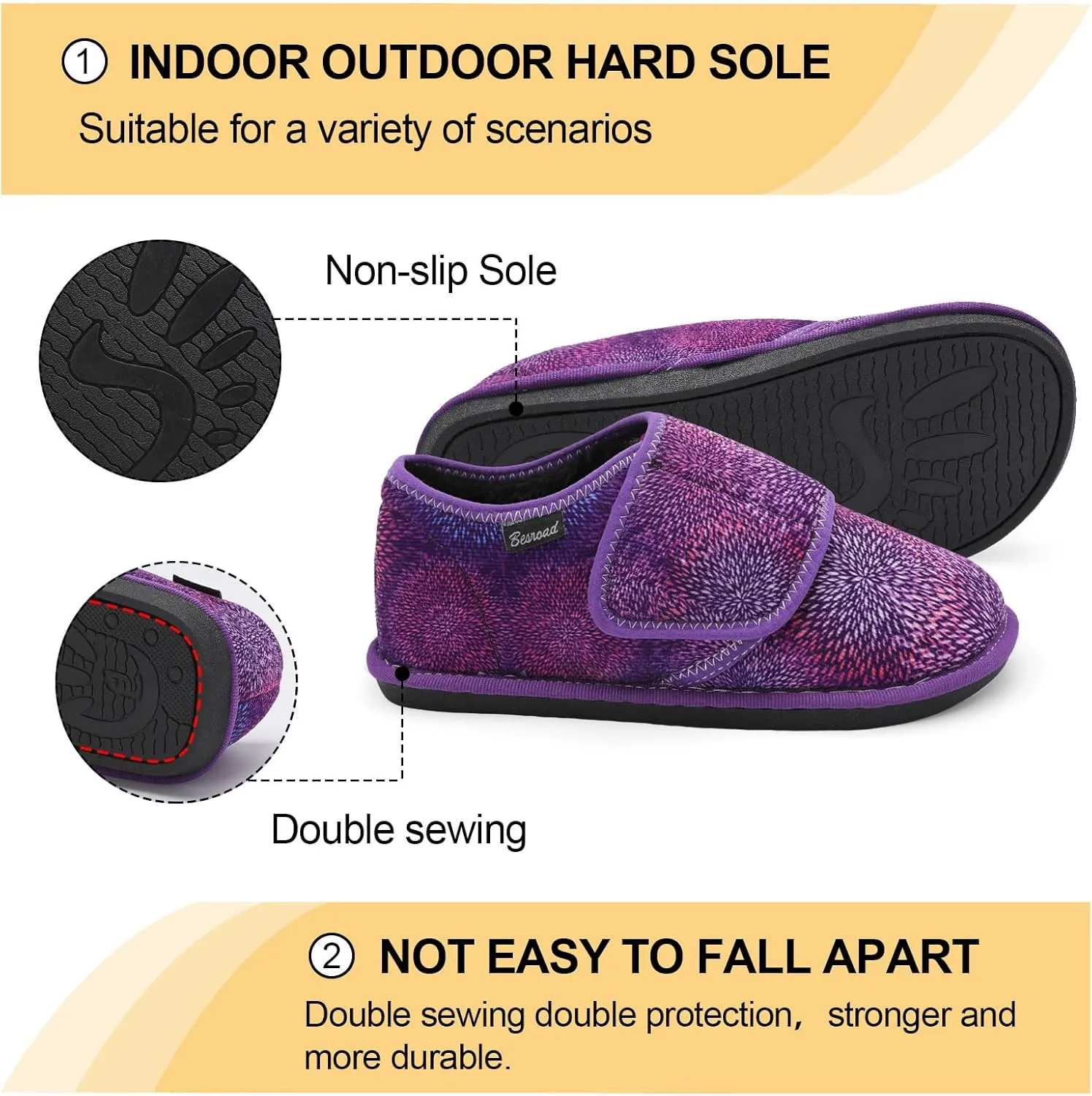 Besroad Womens Furry Memory Foam House Slippers Wide Diabetic Shoes Adjustable Bedroom Slippers Arthritis Edema Swollen House Shoes Indoor Outdoor