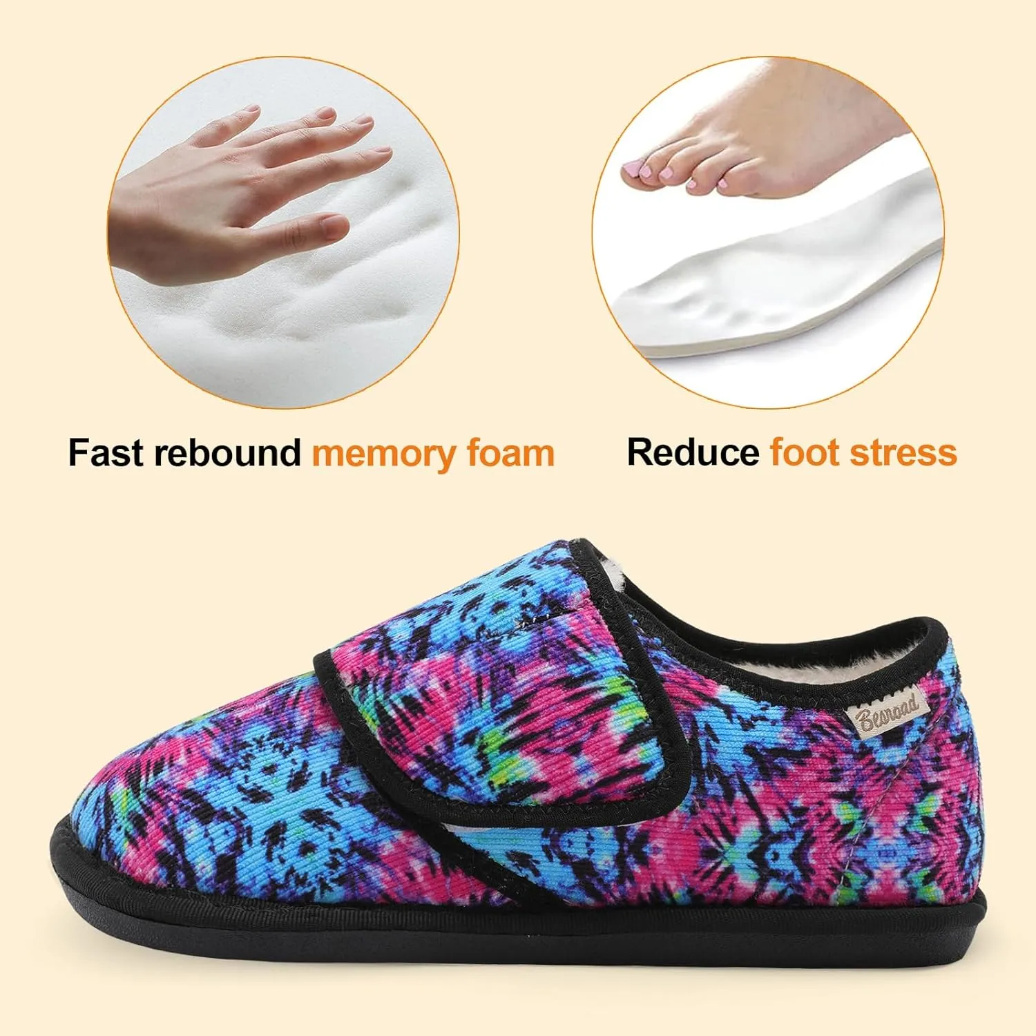 Besroad Womens Furry Memory Foam House Slippers Wide Diabetic Shoes Adjustable Bedroom Slippers Arthritis Edema Swollen House Shoes Indoor Outdoor