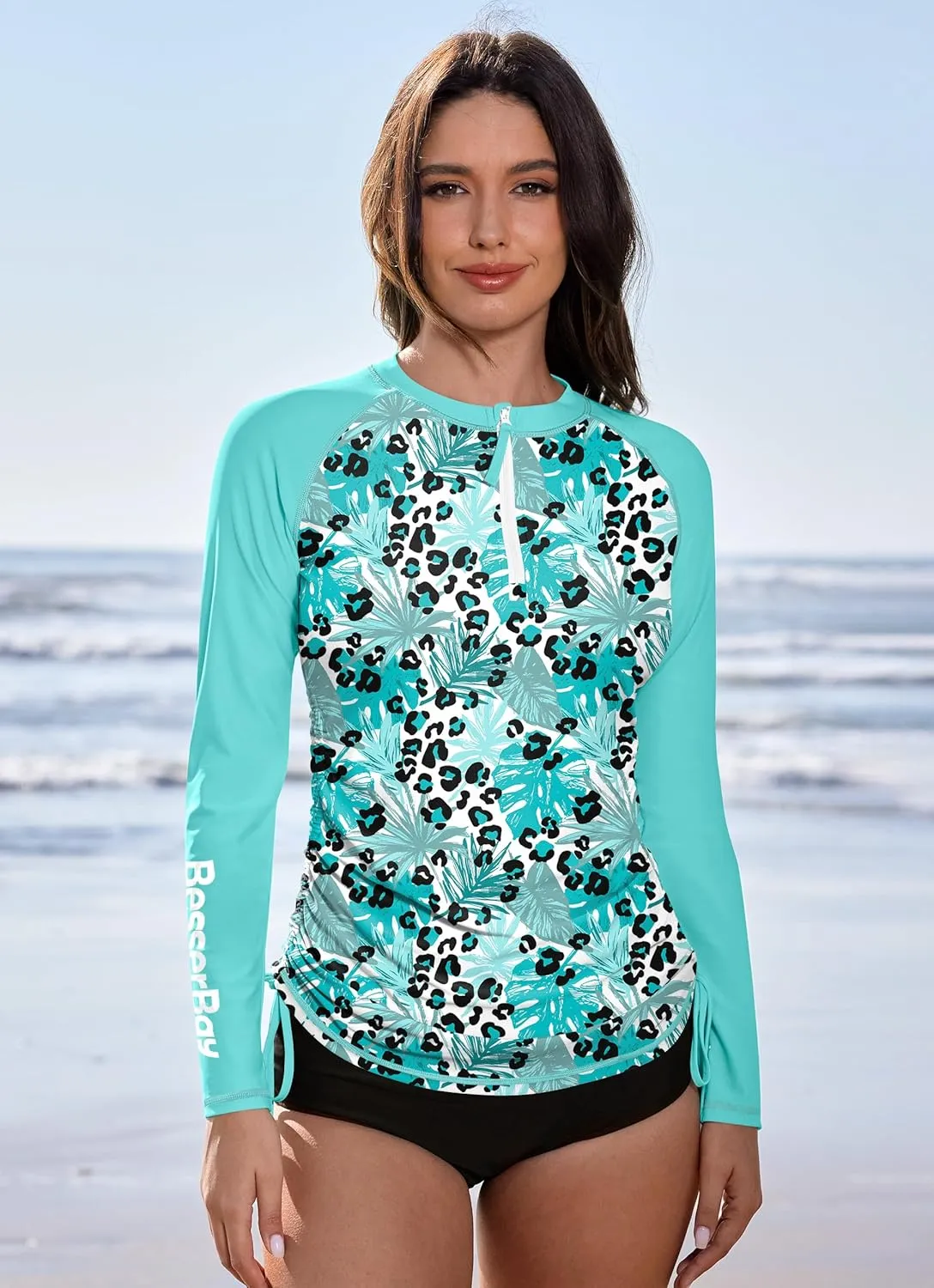 BesserBay Women's UPF 50  UV Sun Protection Rash Guard Shirt Half Zip Long Sleeve Ruched Tie Side Swim Top Swim Shirt