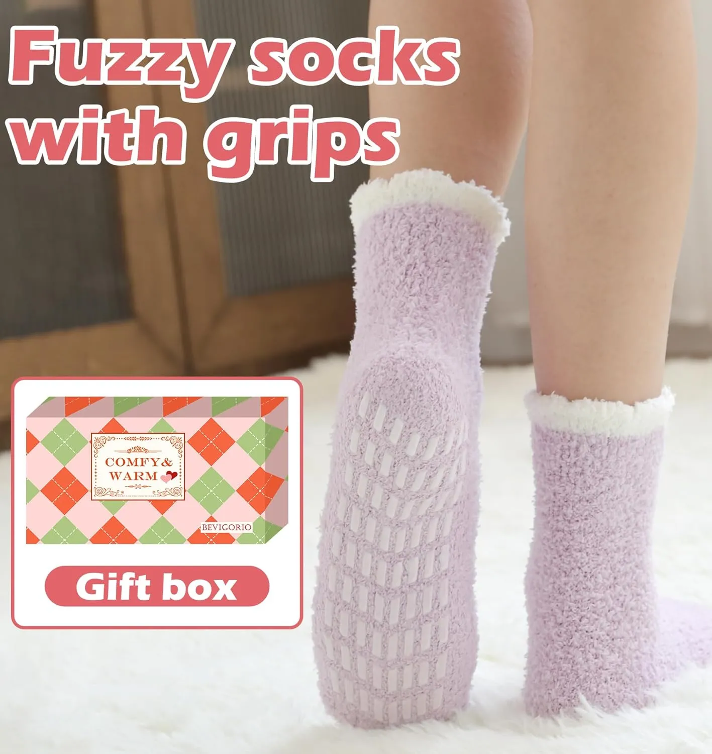 Bevigorio Non Slip Slipper Socks for Women Hospital Fuzzy Socks with Grips Cozy Grippy Winter Warm Gifts