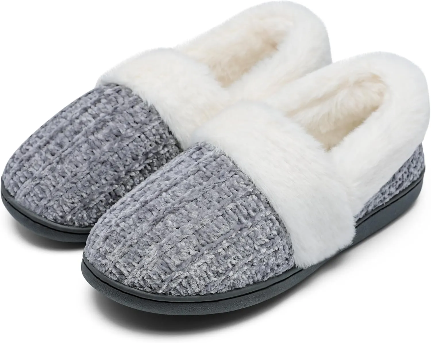 Bigwow Women's Fuzzy Slippers with Memory Foam Chenille Knit Slip On Plush Lined Closed Back-Heel House Slipper Warm Cozy Indoor Outdoor Shoes