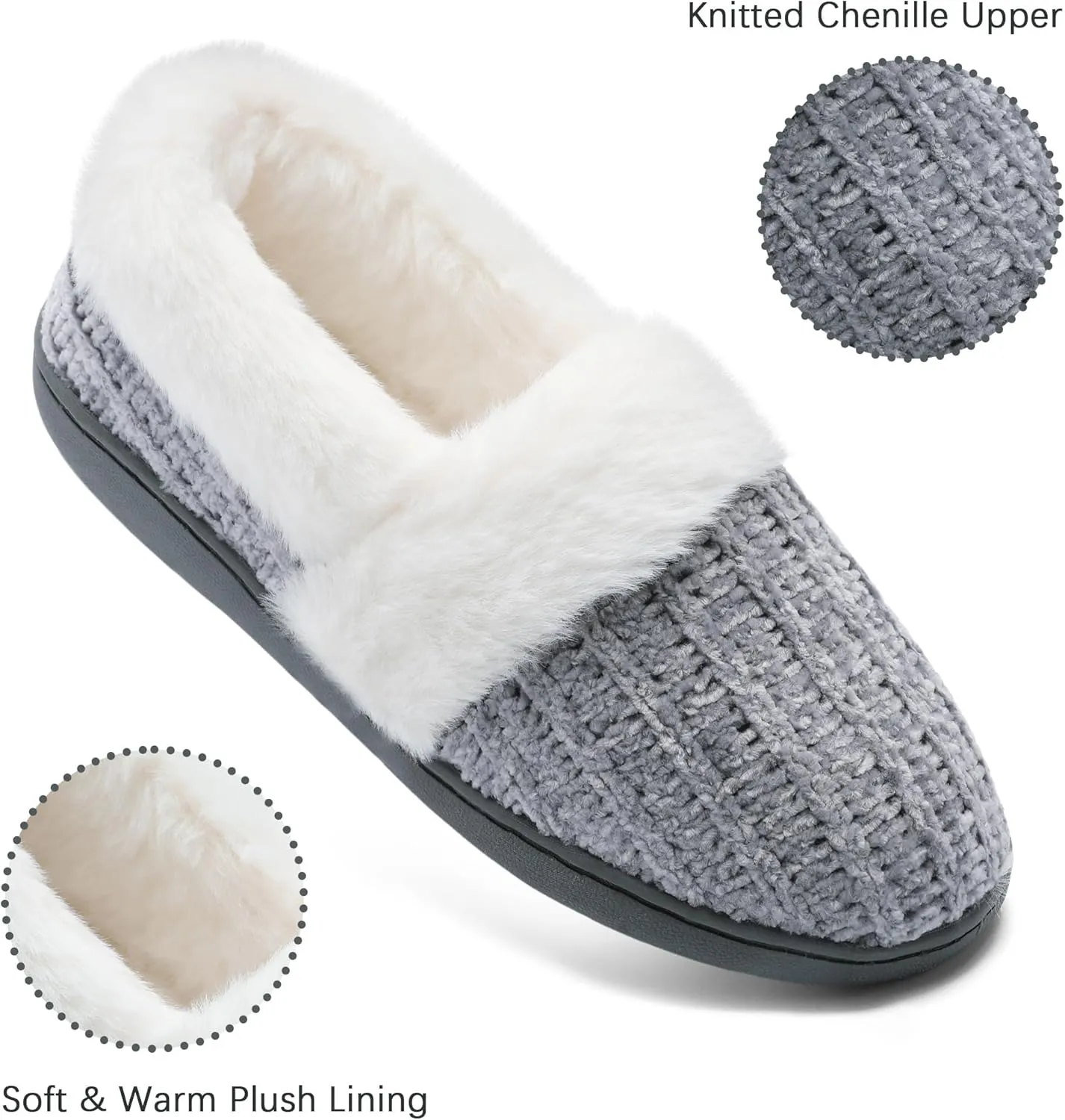 Bigwow Women's Fuzzy Slippers with Memory Foam Chenille Knit Slip On Plush Lined Closed Back-Heel House Slipper Warm Cozy Indoor Outdoor Shoes