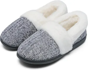 Bigwow Women's Fuzzy Slippers with Memory Foam Chenille Knit Slip On Plush Lined Closed Back-Heel House Slipper Warm Cozy Indoor Outdoor Shoes