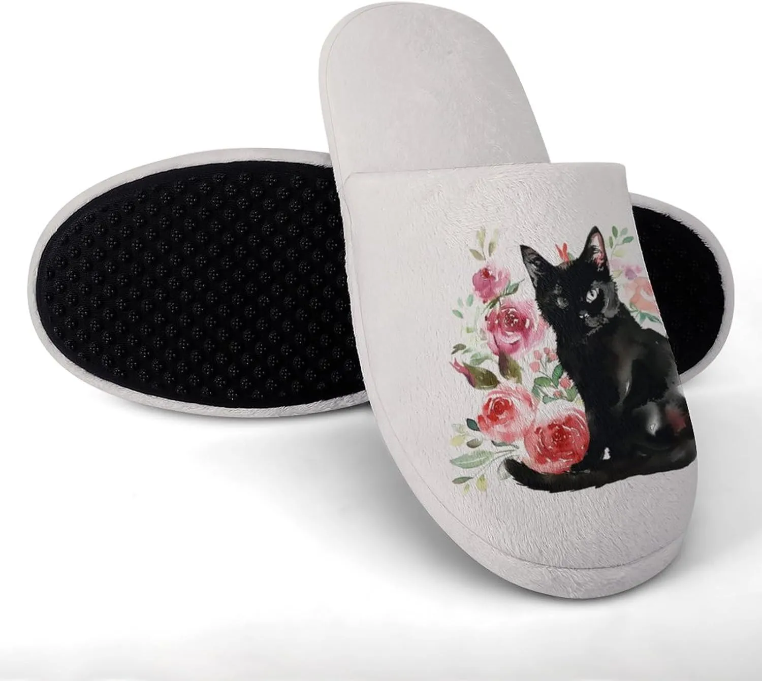 Black Cat And Flowers Men's Slipper Non Slip Comfortable Winter Warm Home House Shoes Indoor Slippers