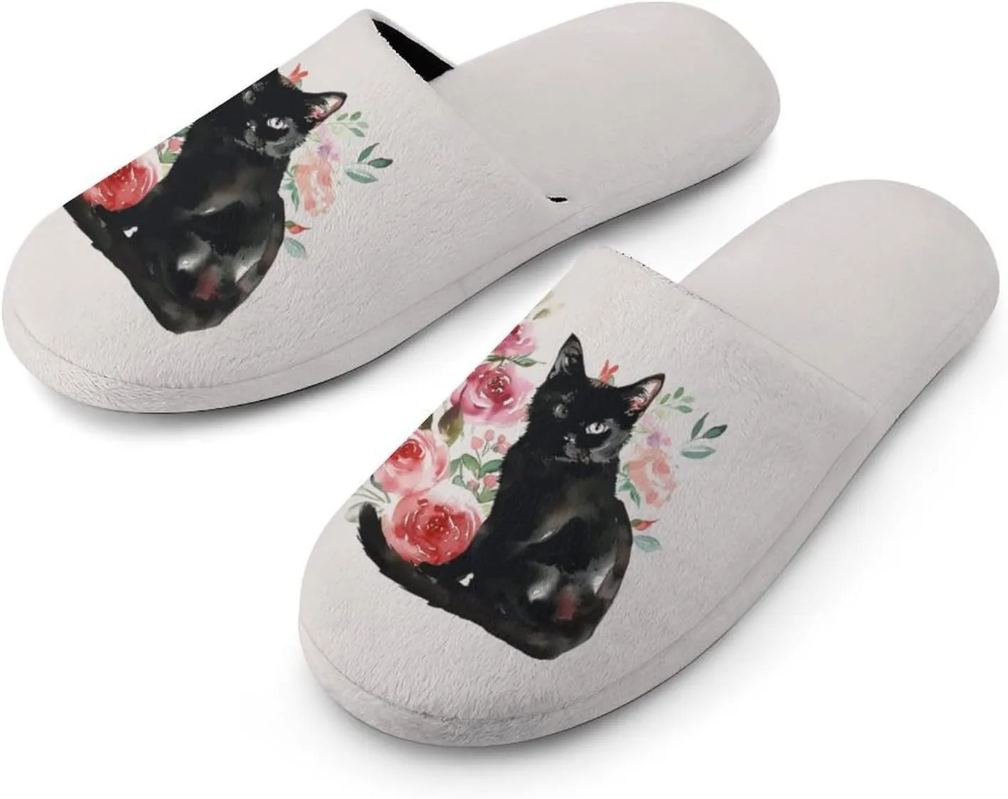 Black Cat And Flowers Men's Slipper Non Slip Comfortable Winter Warm Home House Shoes Indoor Slippers