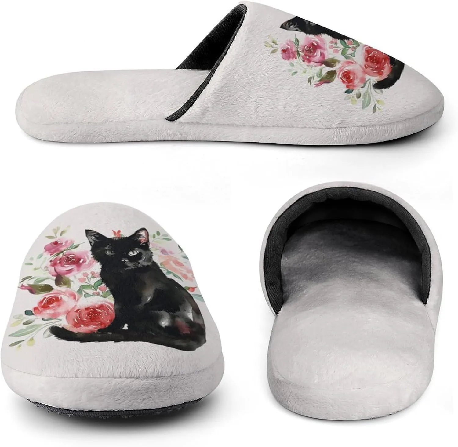 Black Cat And Flowers Men's Slipper Non Slip Comfortable Winter Warm Home House Shoes Indoor Slippers