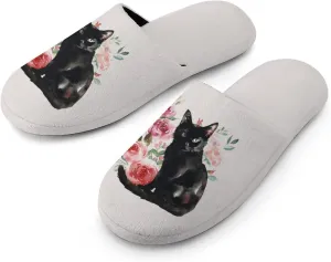 Black Cat And Flowers Men's Slipper Non Slip Comfortable Winter Warm Home House Shoes Indoor Slippers