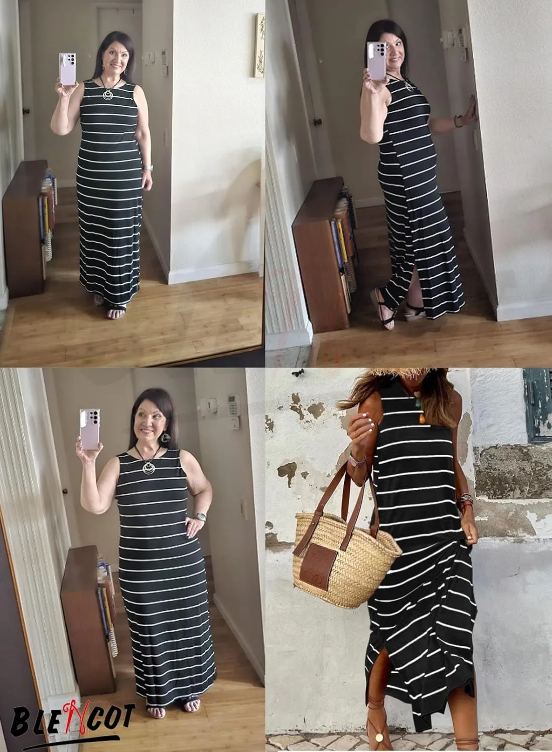 BLENCOT Womens 2025 Spring Summer V Neck Striped Dress Sleeveless String Side Slit Casual Maxi Beach Dress