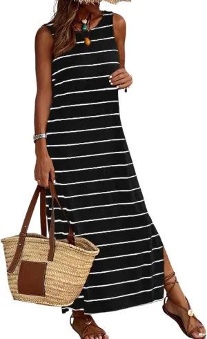 BLENCOT Womens 2025 Spring Summer V Neck Striped Dress Sleeveless String Side Slit Casual Maxi Beach Dress