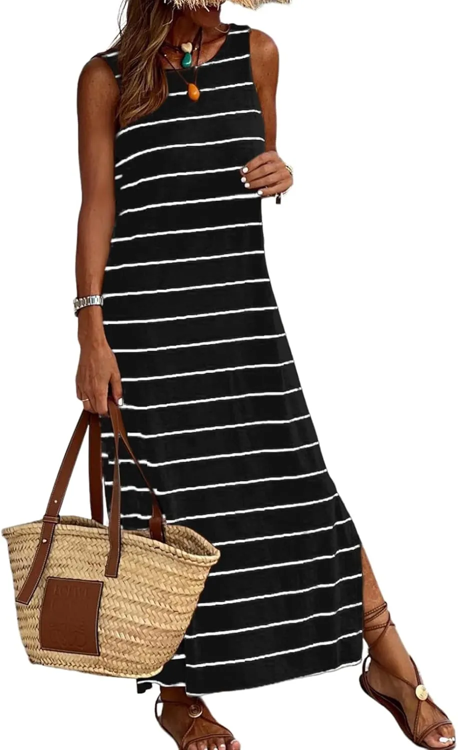 BLENCOT Womens 2025 Spring Summer V Neck Striped Dress Sleeveless String Side Slit Casual Maxi Beach Dress