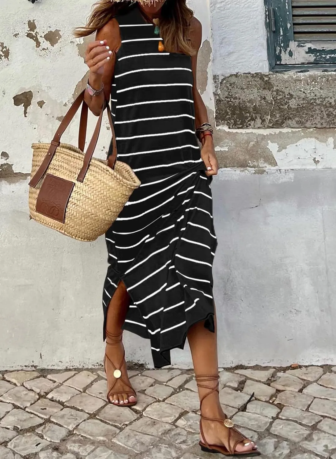 BLENCOT Womens 2025 Spring Summer V Neck Striped Dress Sleeveless String Side Slit Casual Maxi Beach Dress