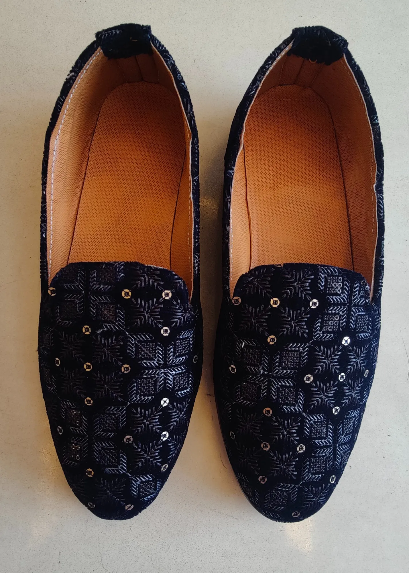 Blue Self Embroidered Velvet Loafer Shoes for Mens