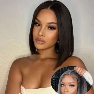 BLY 6x4 HD Lace Glueless Bob Wig Classic Silky Straight Human Hair Ready to Wear and Go Short Bob Lace Pre Cut for Women Pre Plucked Natural Black Color Hair 12 Inch