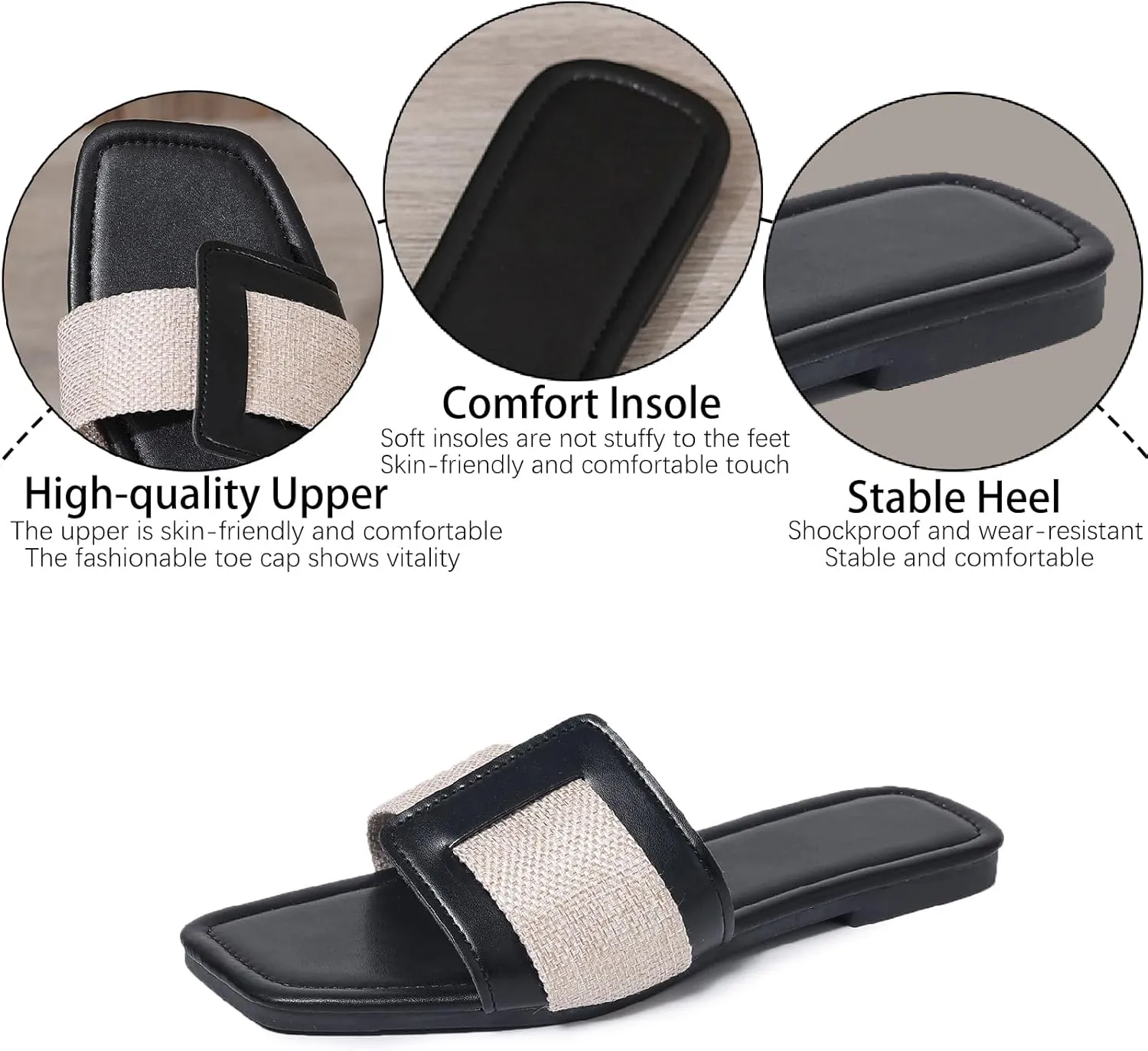 BLYVORA Women's Canvas One Word Flat Slides Sandals Fashion Non-Slip Square Toe Slip On Leather Walking Slippers Outdoor Indoor Summer Beach Home Mules