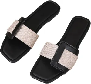 BLYVORA Women's Canvas One Word Flat Slides Sandals Fashion Non-Slip Square Toe Slip On Leather Walking Slippers Outdoor Indoor Summer Beach Home Mules
