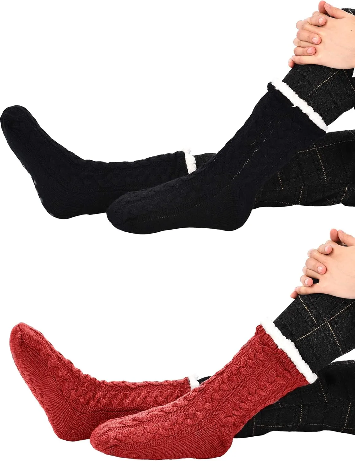 Boao 2 Pairs Women Warm Slipper Socks Christmas Fuzzy Winter Fleece Socks with Grippers Lined Non Slip Slipper Gift