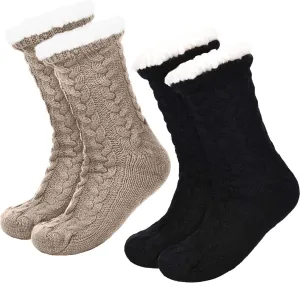 Boao 2 Pairs Women Warm Slipper Socks Christmas Fuzzy Winter Fleece Socks with Grippers Lined Non Slip Slipper Gift