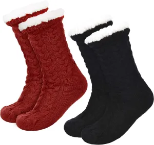 Boao 2 Pairs Women Warm Slipper Socks Christmas Fuzzy Winter Fleece Socks with Grippers Lined Non Slip Slipper Gift