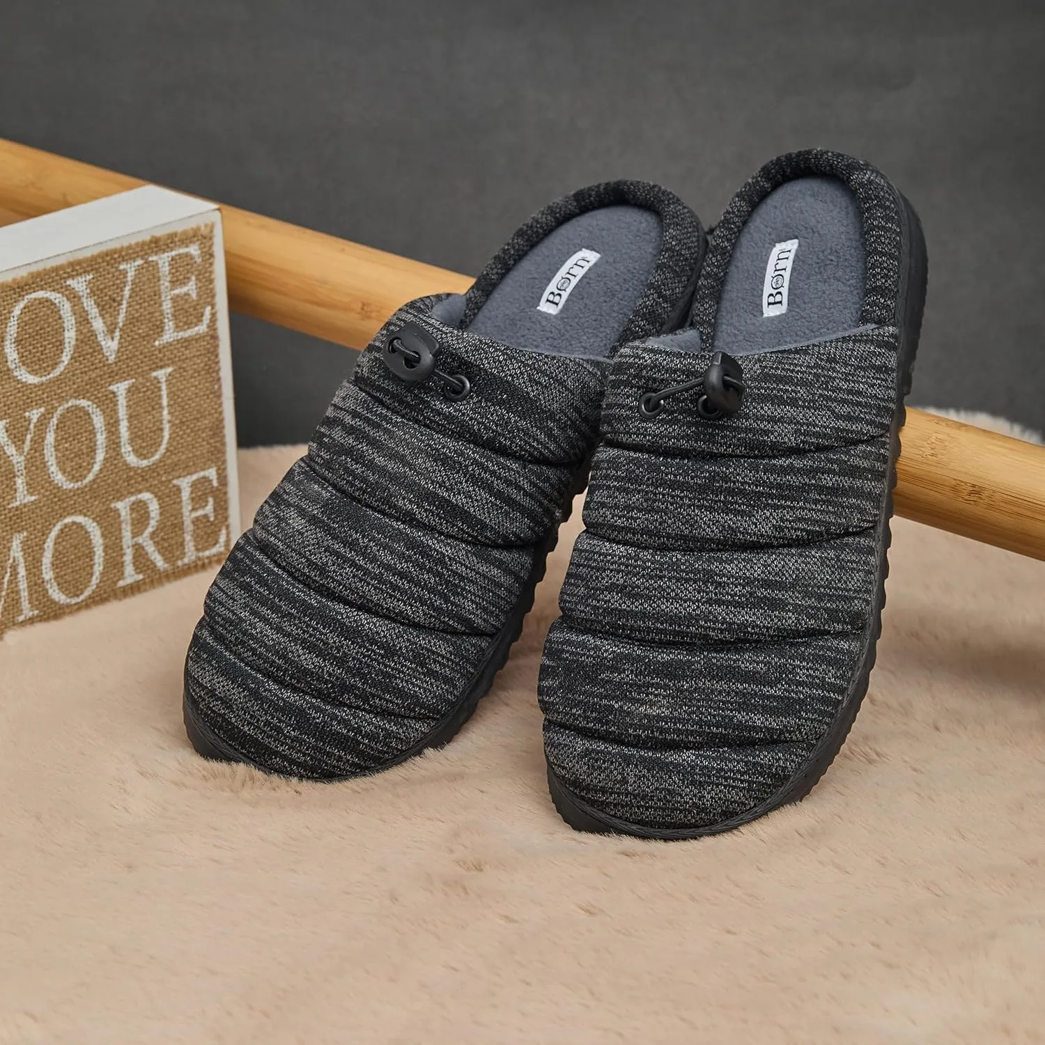 BORN Adjustable Quilted Puffer Scuff Slippers for Men, Adjustable Mens Slippers with Treaded Sole, Gifts for Him