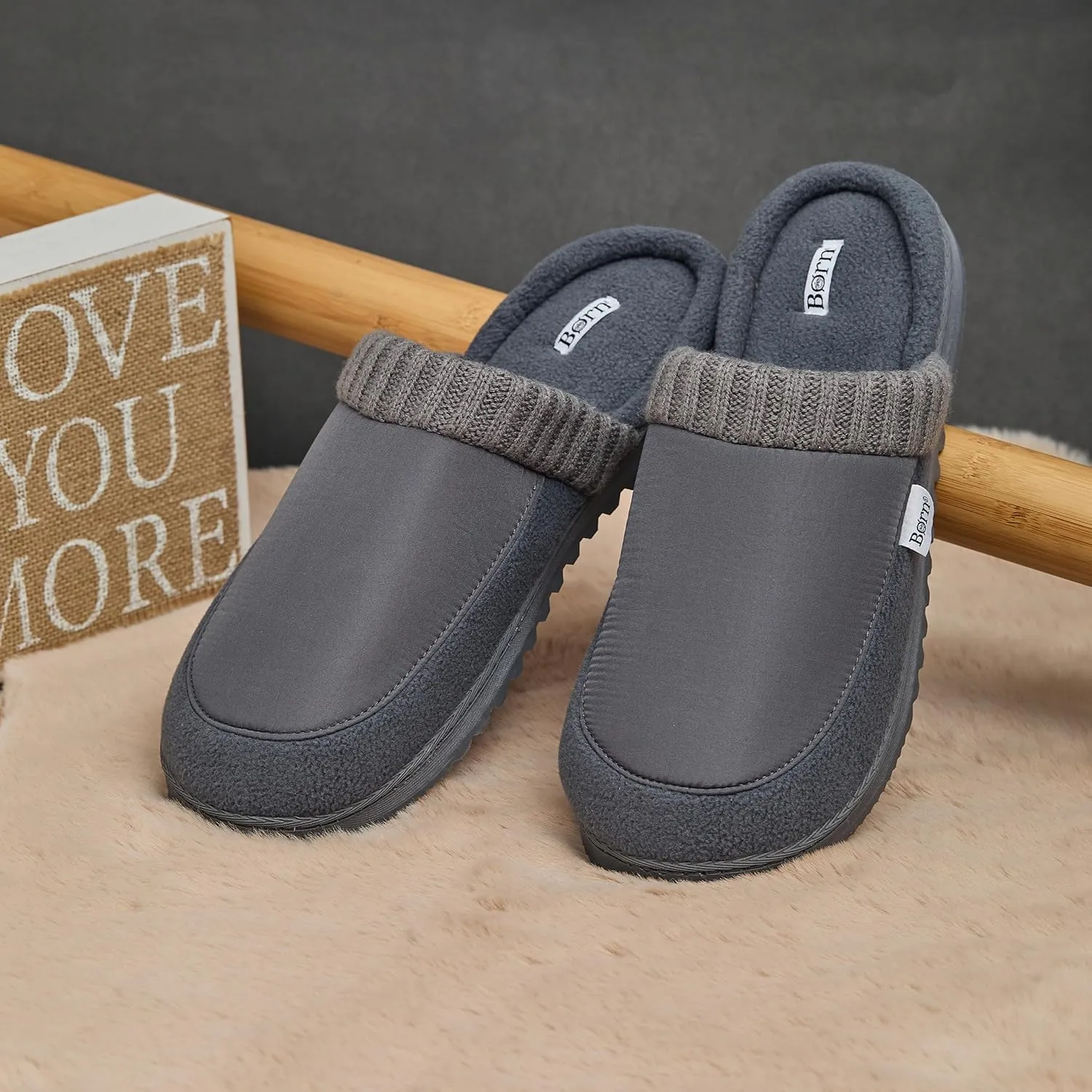 BORN Multi Fabrication Scuff Slippers for Men, Mens Slippers Indoor Fleece-Lined, Gifts for Him