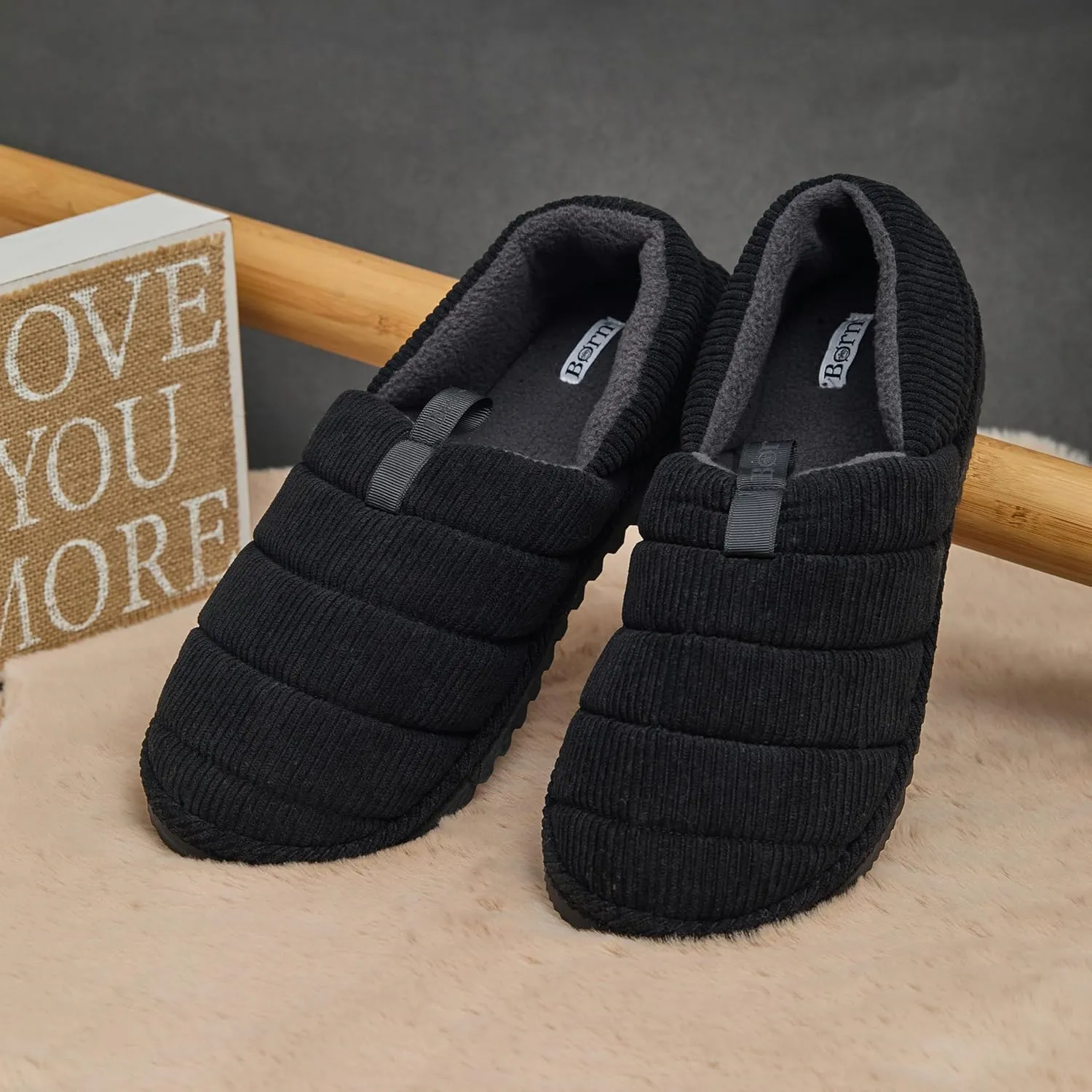 BORN Quilted Corduroy or Plaid Mens Slippers, Fleece or Sherpa-Lined House Slippers for Men, Gifts for Him