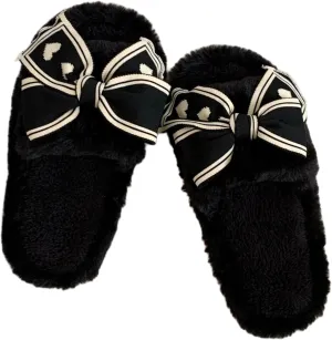 Bow Slippers for Women Indoor Open Toe Plush Bow Tie Slides House Shoes Soft Non-Slip Sole Slip On Slippers with Bows Winter Warm Home Cotton Slippers Bedroom Slippers Outdoor Wear