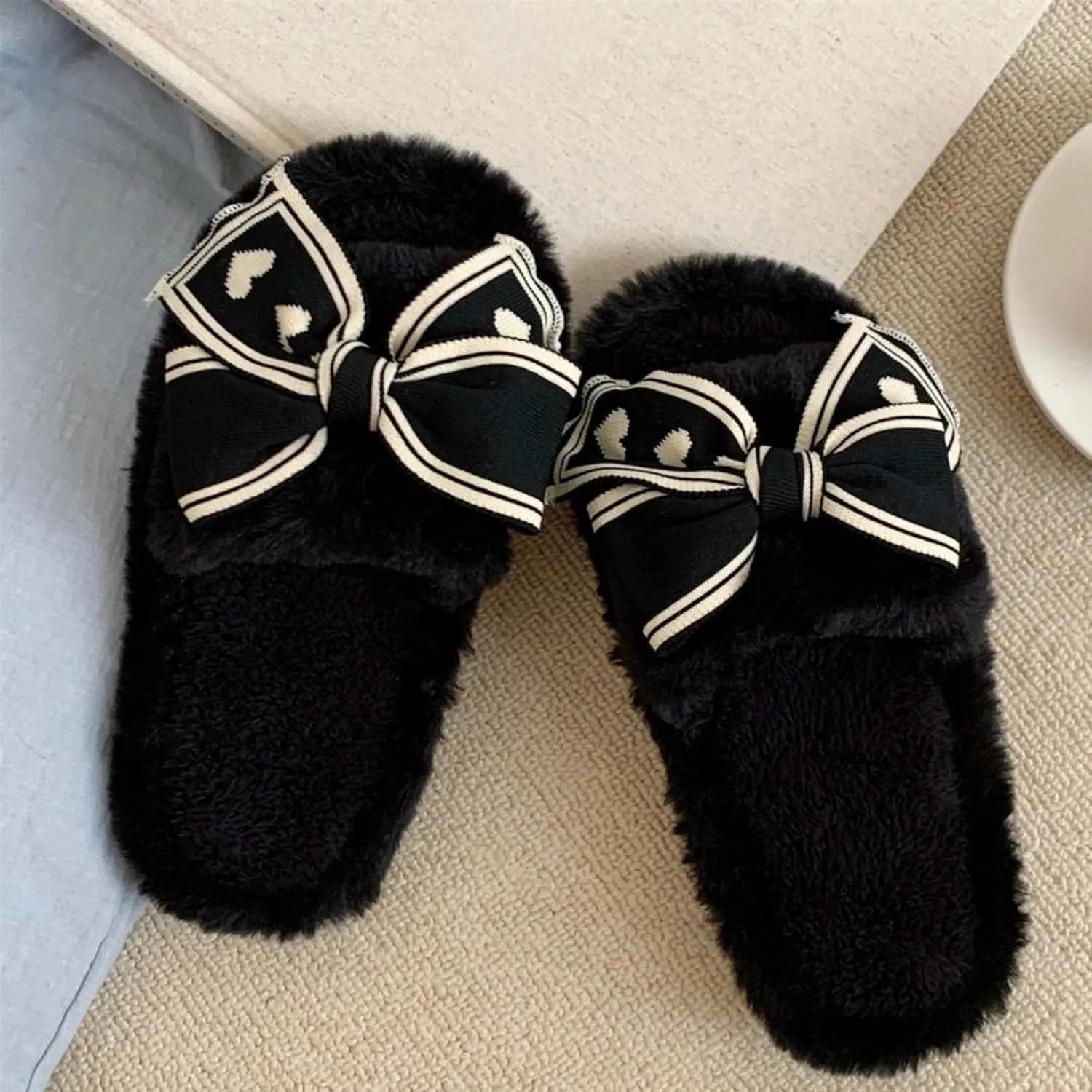 Bow Slippers for Women Indoor Open Toe Plush Bow Tie Slides House Shoes Soft Non-Slip Sole Slip On Slippers with Bows Winter Warm Home Cotton Slippers Bedroom Slippers Outdoor Wear
