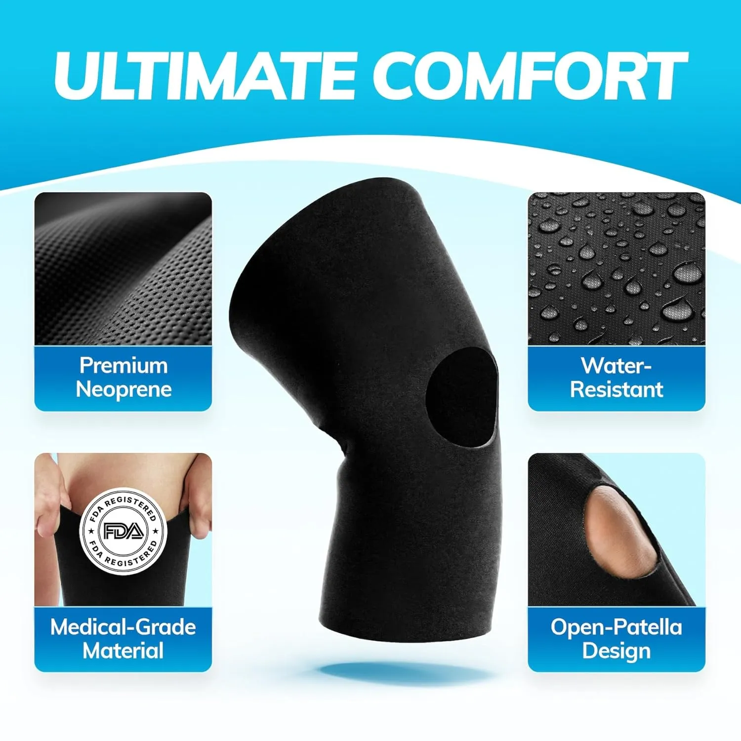 BraceAbility Open Patella/Open Back Neoprene Knee Sleeve | Water-Resistant Athletic Compression Knee Brace for Swimming, Wakeboarding, Scuba Diving, Surfing, Waterskiing and Other Sports (Large)