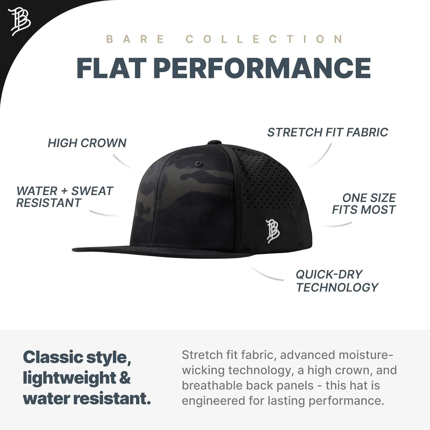 Branded Bills Arizona Stealth Flat Performance, Lightweight, Comfortable Baseball Cap
