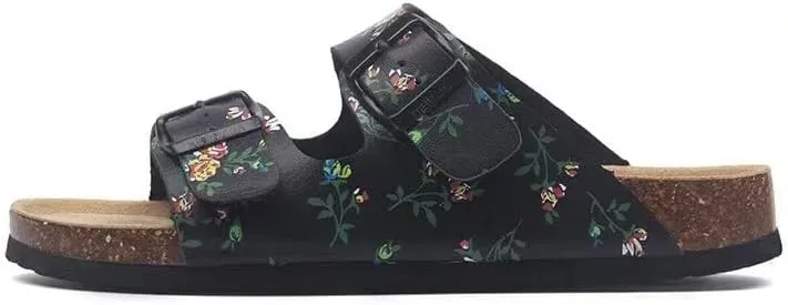 Buckle flat cork slippers summer men's and women's beach line button increase outdoor leisure slippers (Black Rose, Adult, Women, 5, Numeric Range, US Footwear Size System, 9.5, Medium)