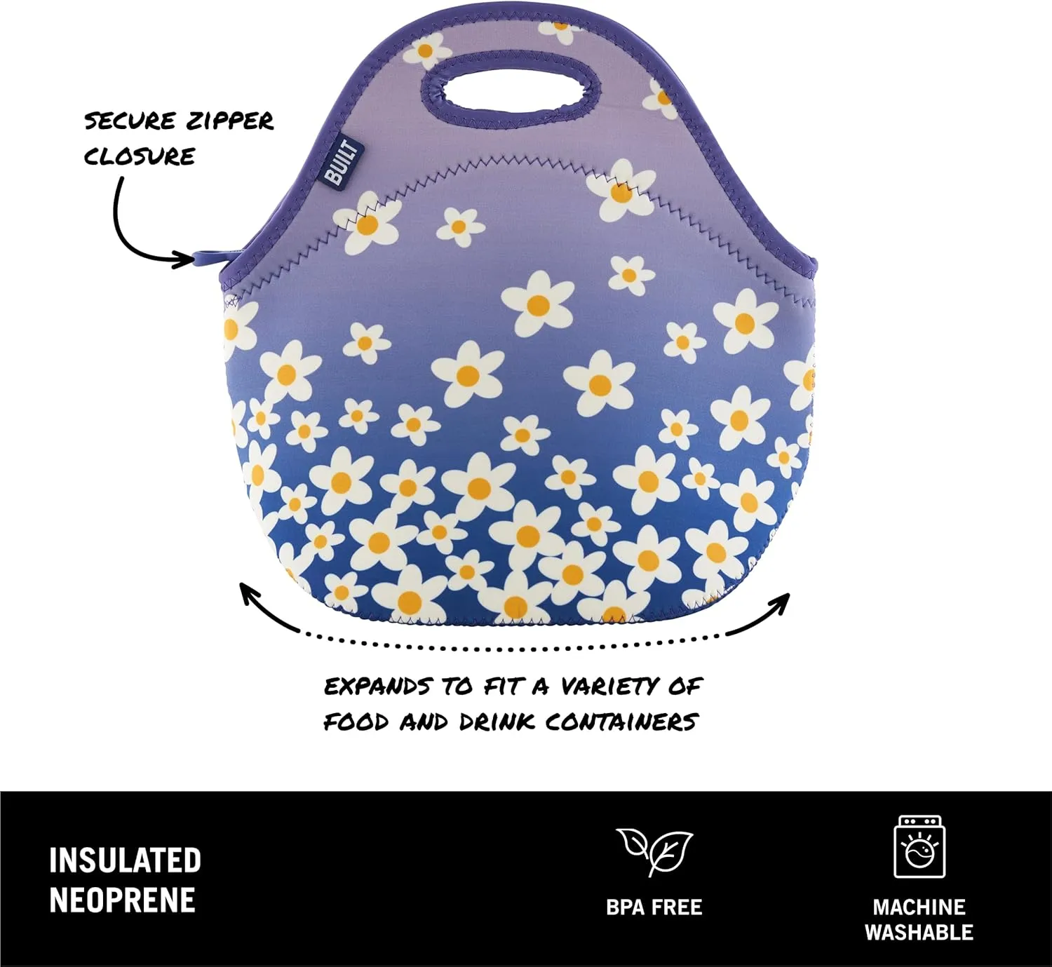 BUILT Gourmet Getaway Soft Neoprene Lunch Tote Bag Lightweight, Insulated and Reusable, One Size, Wild Lavender Daisy