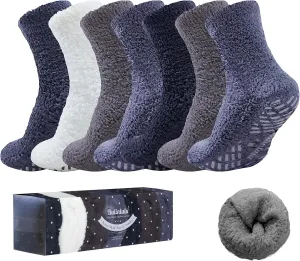 Bulinlulu Fuzzy Socks with Grips Plush Sleep Cozy Winter Soft Hospital Fluffy Socks Gifts for Womens Mens Gifts