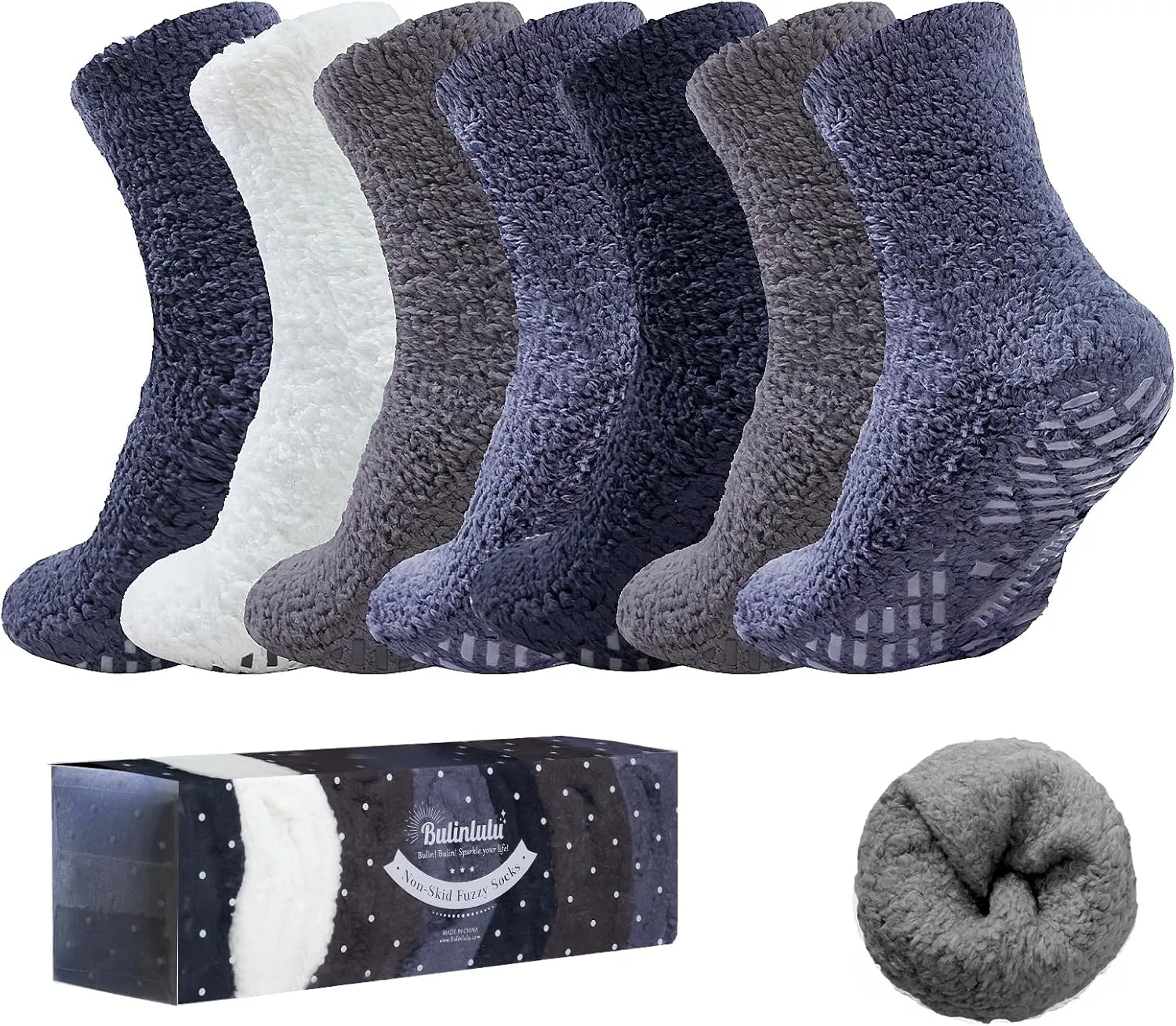 Bulinlulu Fuzzy Socks with Grips Plush Sleep Cozy Winter Soft Hospital Fluffy Socks Gifts for Womens Mens Gifts