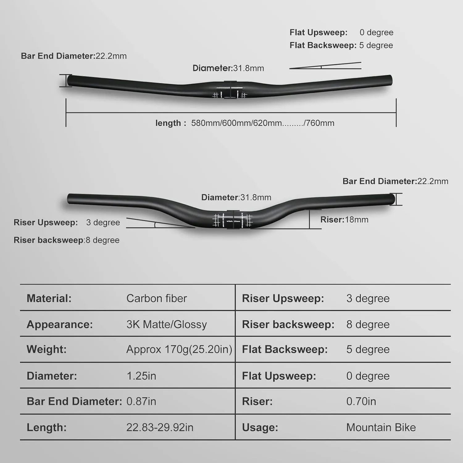 Carbon Handlebars Mountain Bike Handlebars Riser Carbon Fiber Bike Mtb Handlebars 31.8 Mountain Bike Handlebars Lightweight 740mm UD Matte Ultra-light