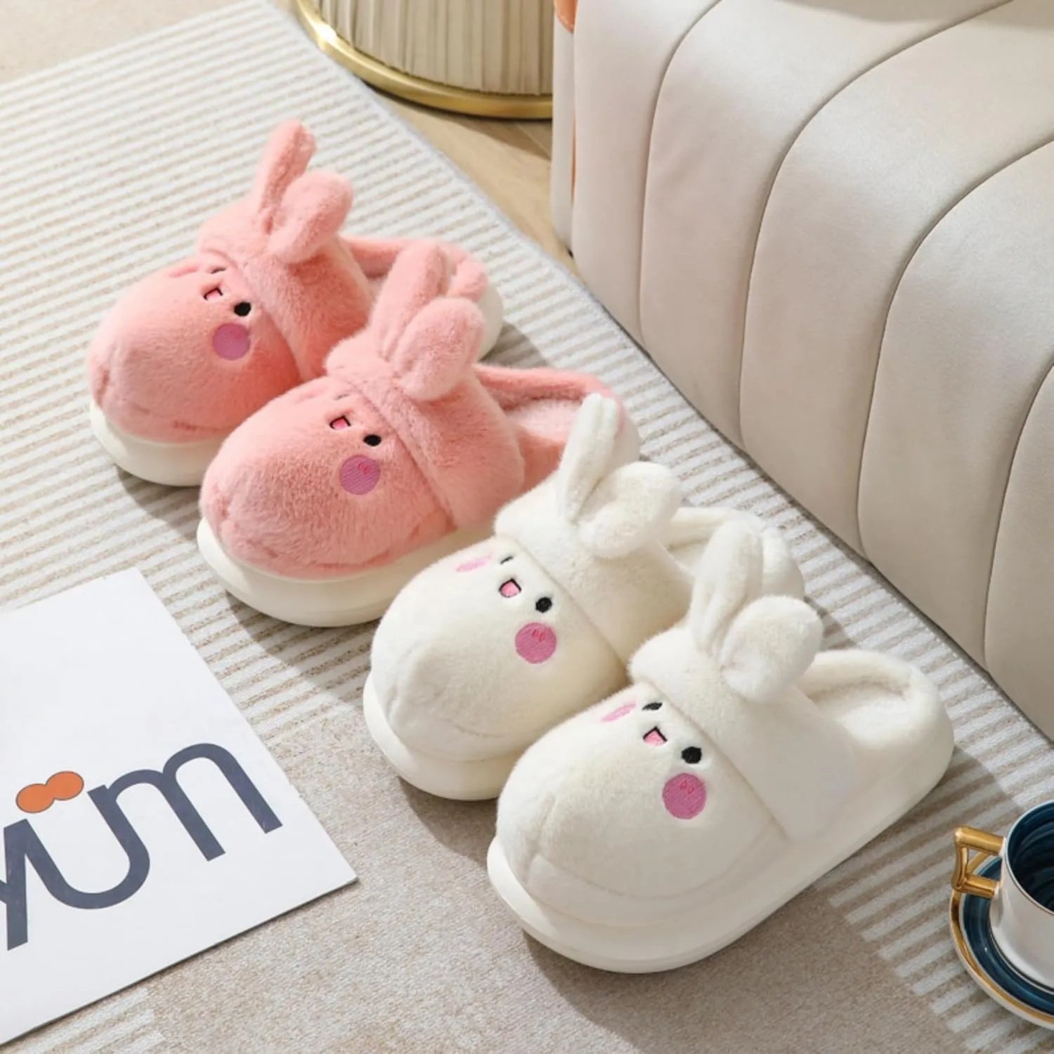 Cartoon Women's Rabbit Slippers - Winter Cute Cotton Warm Home Shoes - Comfortable and Fluffy Animal Slippers