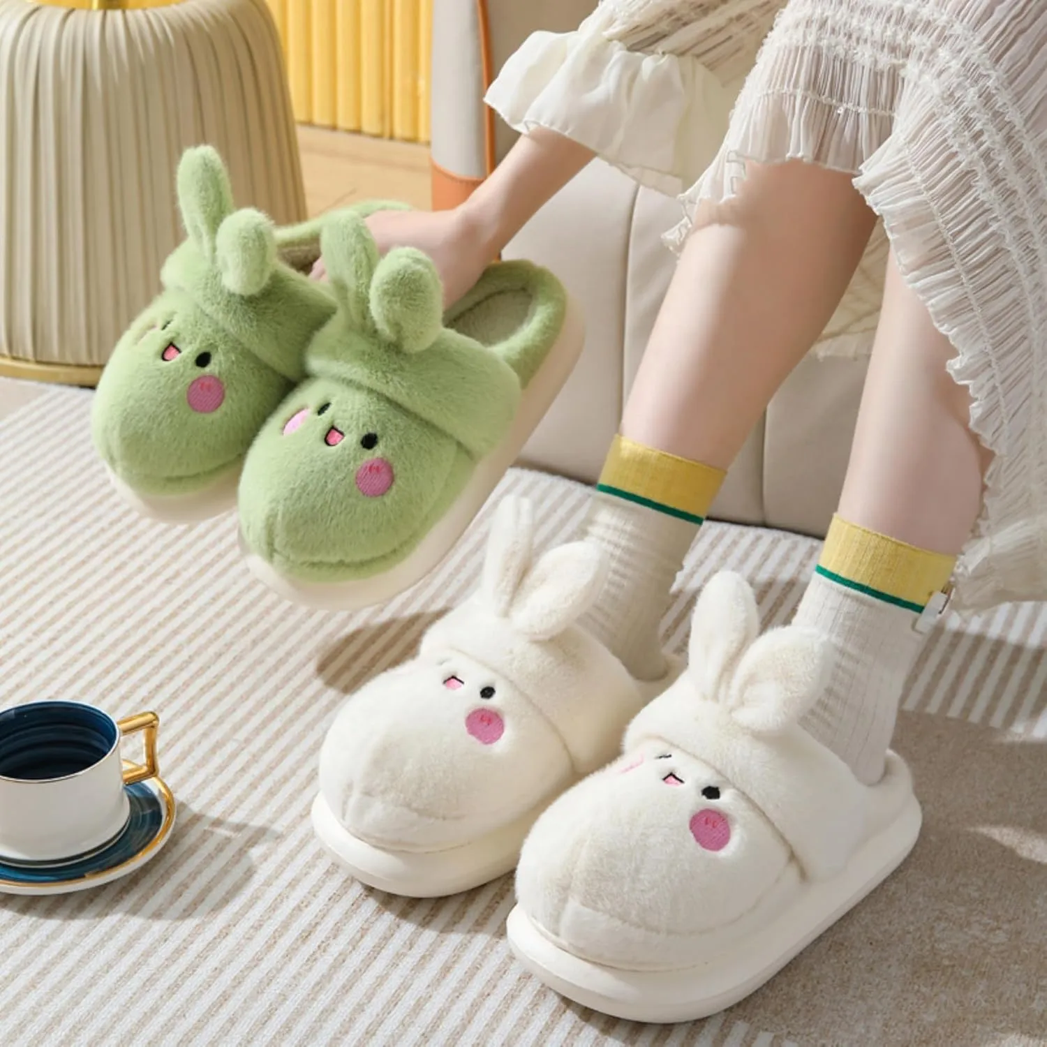 Cartoon Women's Rabbit Slippers - Winter Cute Cotton Warm Home Shoes - Comfortable and Fluffy Animal Slippers