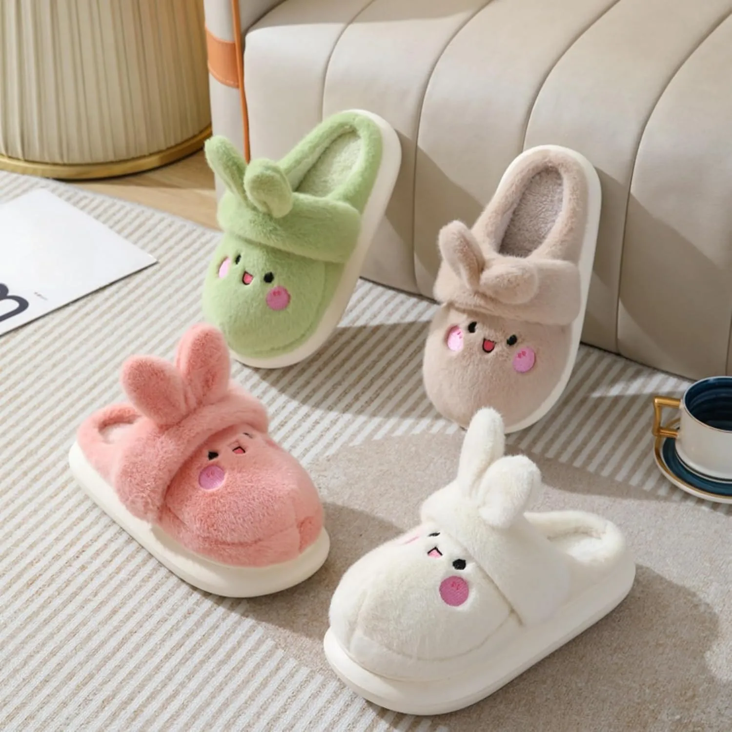 Cartoon Women's Rabbit Slippers - Winter Cute Cotton Warm Home Shoes - Comfortable and Fluffy Animal Slippers