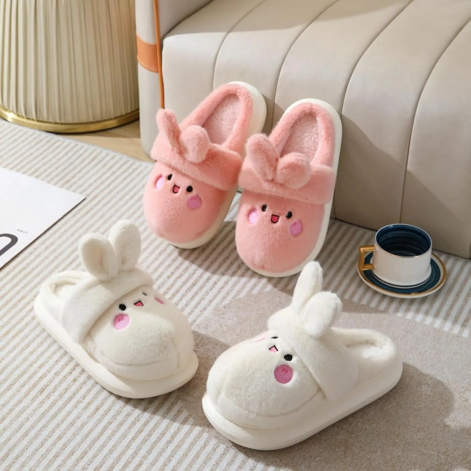 Cartoon Women's Rabbit Slippers - Winter Cute Cotton Warm Home Shoes - Comfortable and Fluffy Animal Slippers