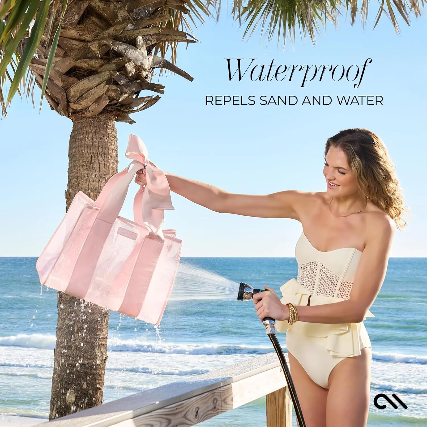 Case-Mate Pink Bow Beach Tote - Lightweight Beach Bag with Phone Pouch for Women - Waterproof, Tip-Proof, Foldable & Washable - Tote Bag for Beach, Pool, Travel and Vacation - Large