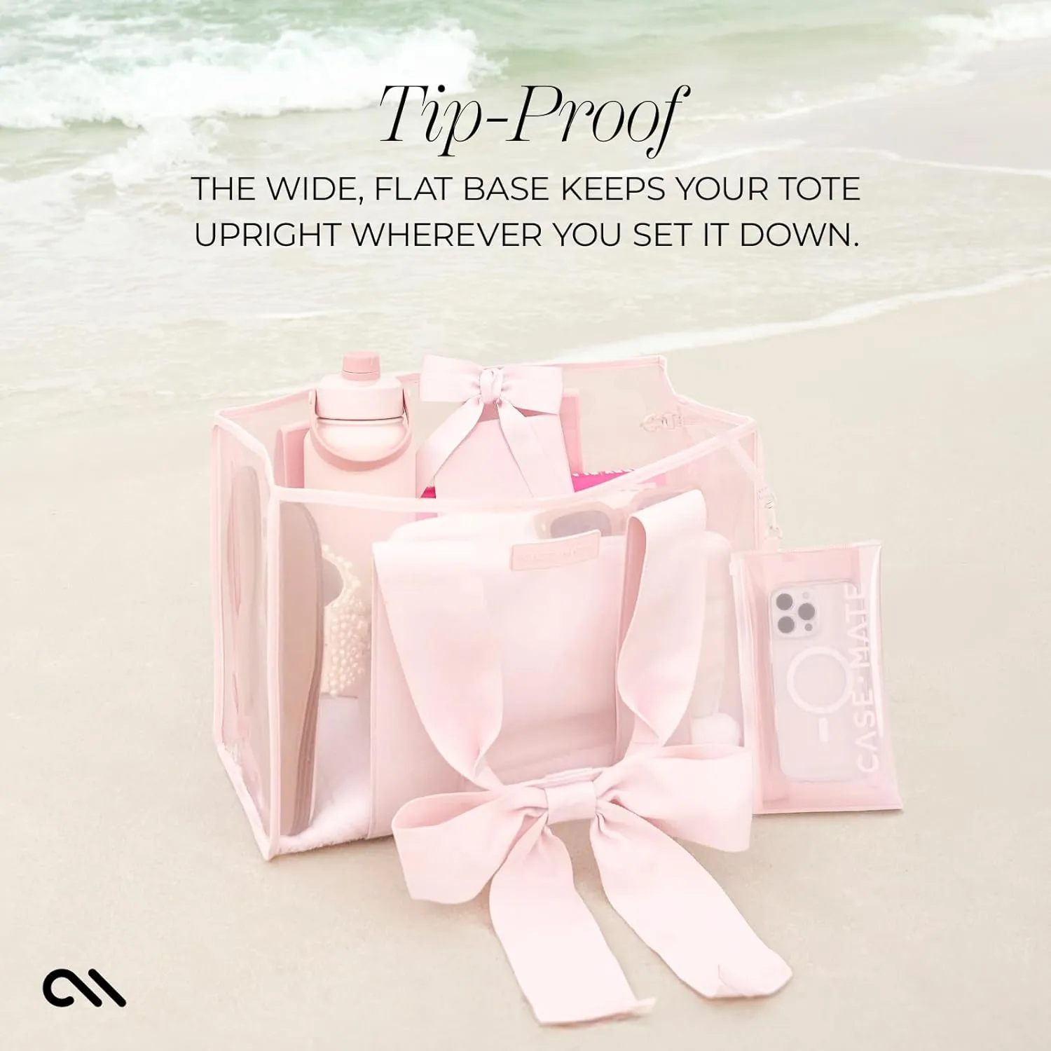 Case-Mate Pink Bow Beach Tote - Lightweight Beach Bag with Phone Pouch for Women - Waterproof, Tip-Proof, Foldable & Washable - Tote Bag for Beach, Pool, Travel and Vacation - Large