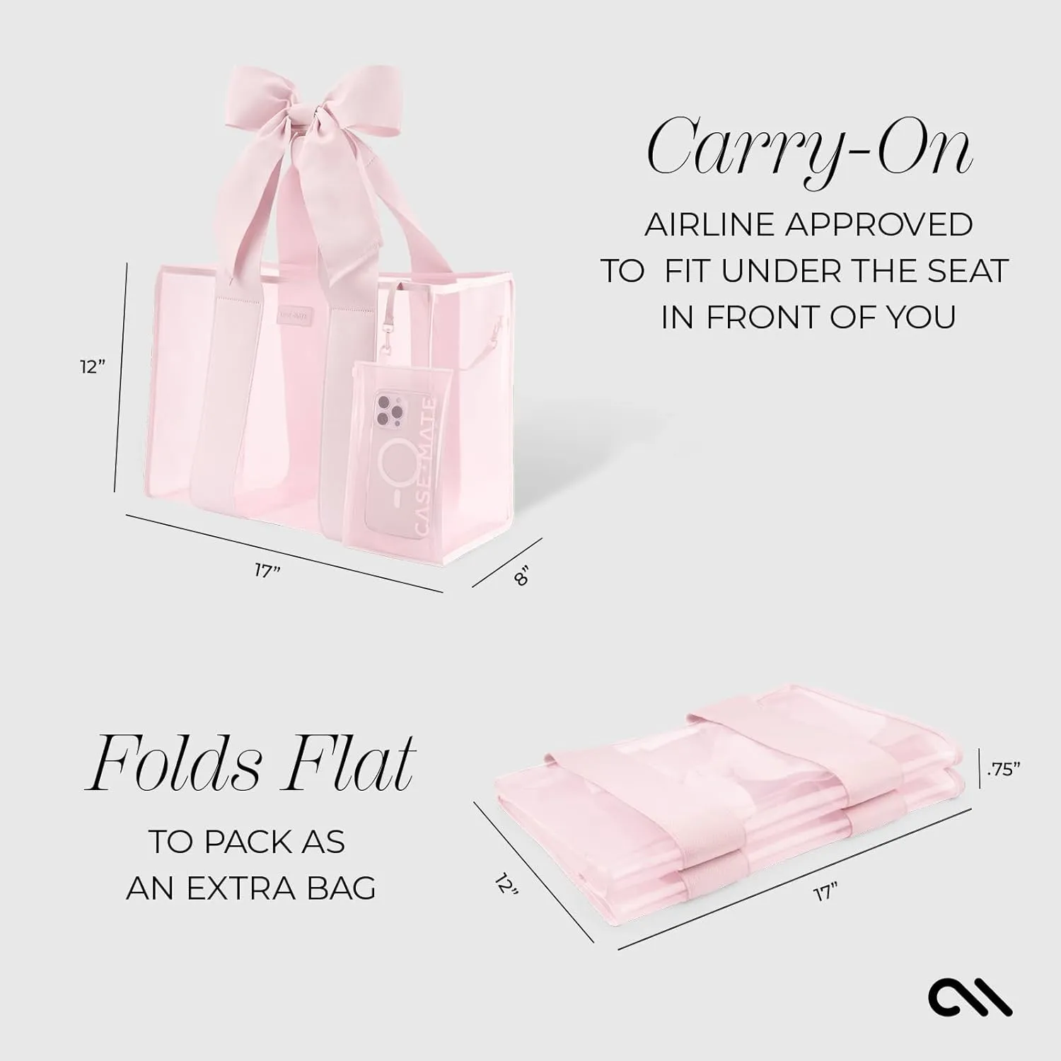 Case-Mate Pink Bow Beach Tote - Lightweight Beach Bag with Phone Pouch for Women - Waterproof, Tip-Proof, Foldable & Washable - Tote Bag for Beach, Pool, Travel and Vacation - Large