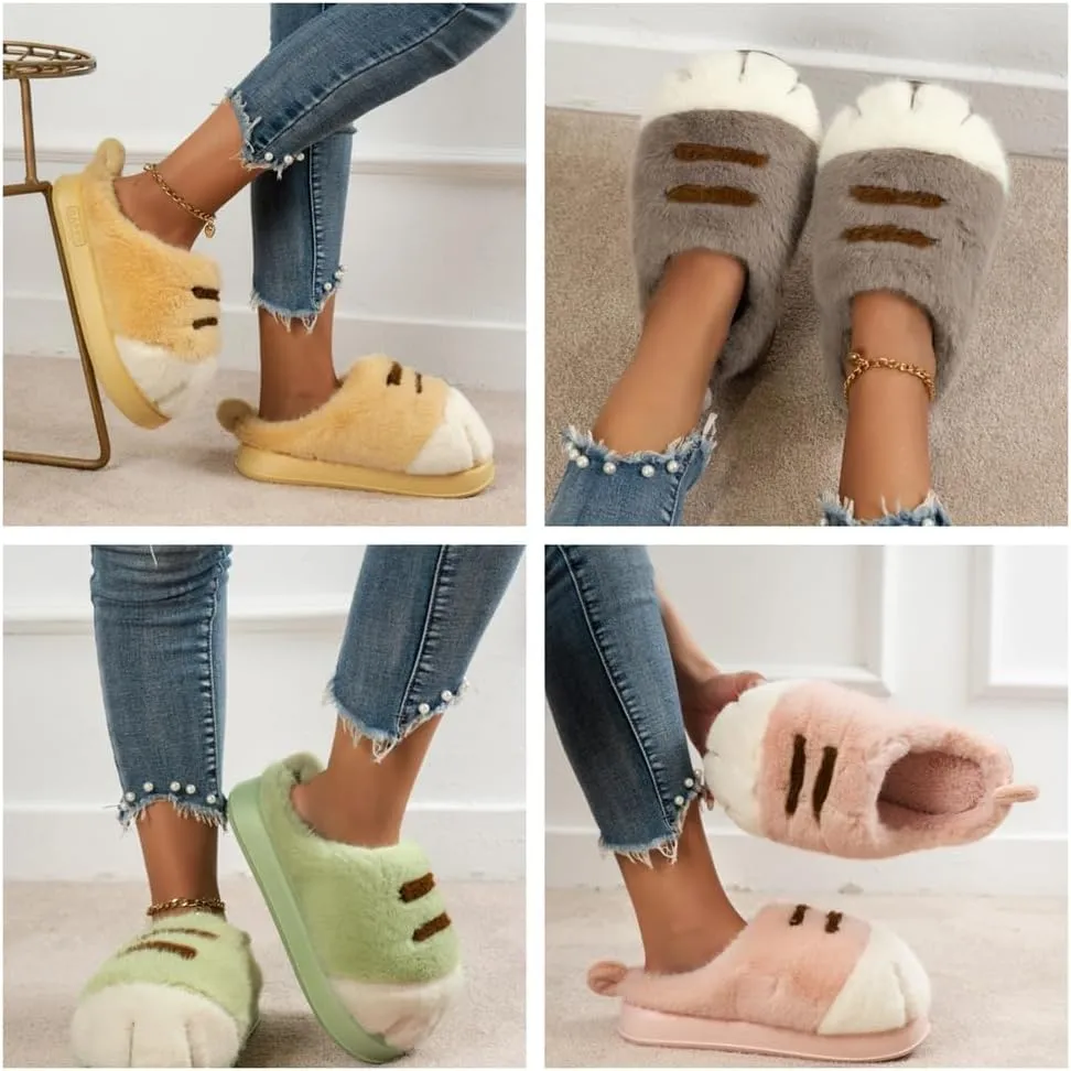 Cat Paw Slippers for Women, Warm Furry Winter House Shoes, Cute Funny 3D Cat Paw Winter Couple Cartoon Slipper