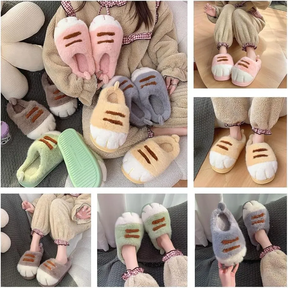 Cat Paw Slippers for Women, Warm Furry Winter House Shoes, Cute Funny 3D Cat Paw Winter Couple Cartoon Slipper