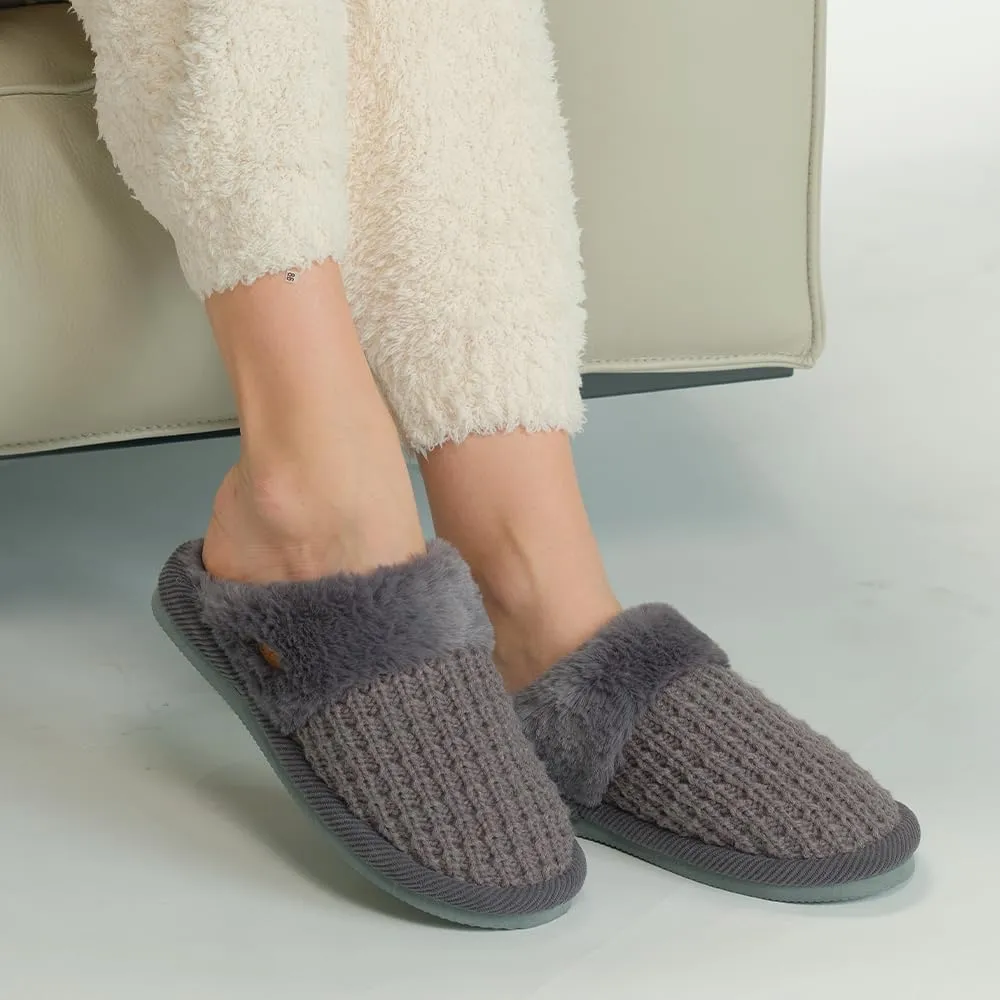 C.C Pattern Knitted Slip-On Slippers With Faux Fur Lining Indoor-Outdoor House For Women
