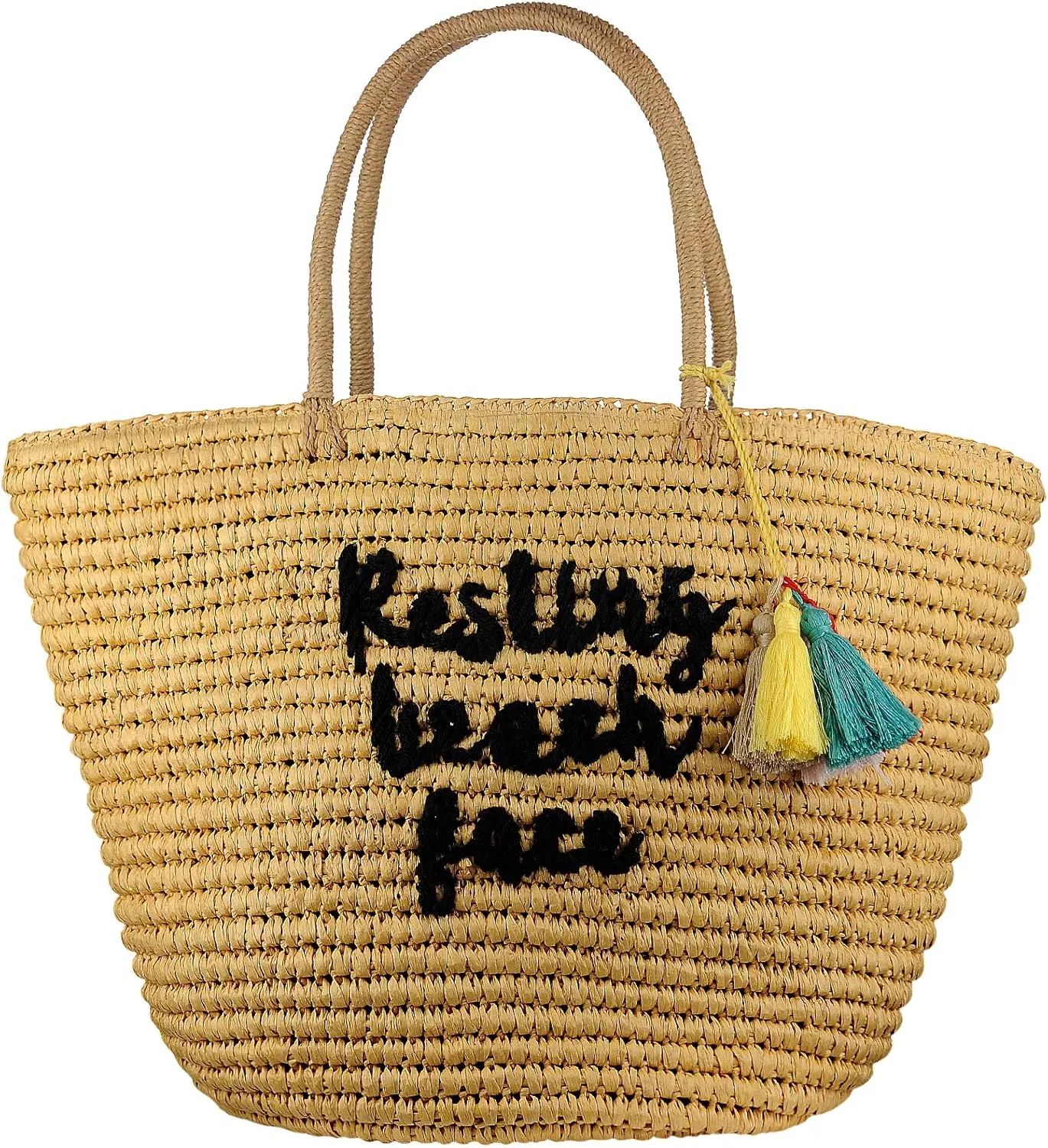 C.C Women's Paper Weaved Beach Embroidered Travel Top Handle Tote Bag