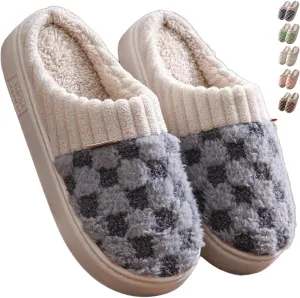Checkered Plush House Slippers for Women Men, Non-Slip Memory Foam Indoor Slides, Plaid Winter Warm Fuzzy Home Slipper, Cozy Fleece Lined Shoes