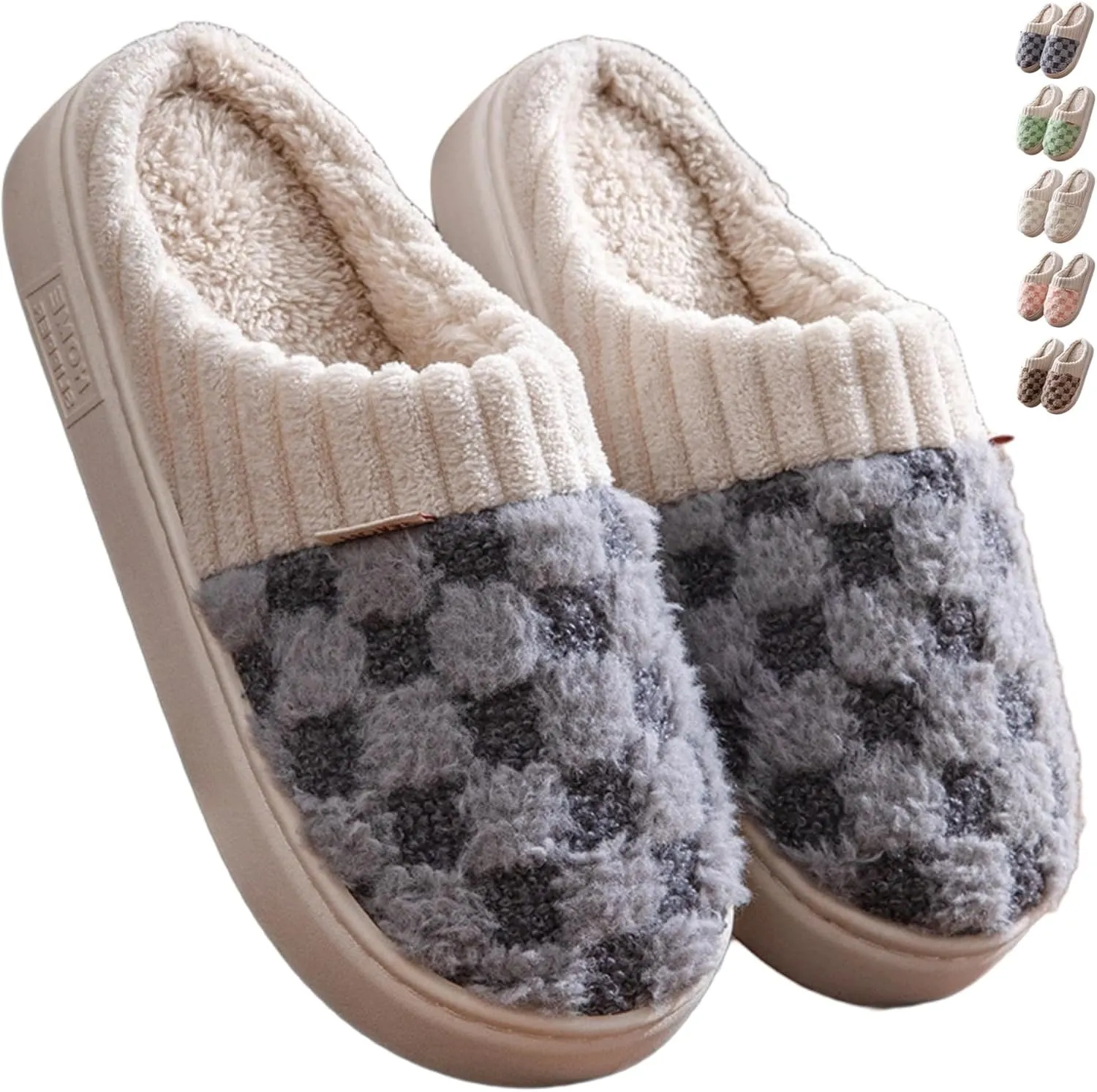 Checkered Plush House Slippers for Women Men, Non-Slip Memory Foam Indoor Slides, Plaid Winter Warm Fuzzy Home Slipper, Cozy Fleece Lined Shoes