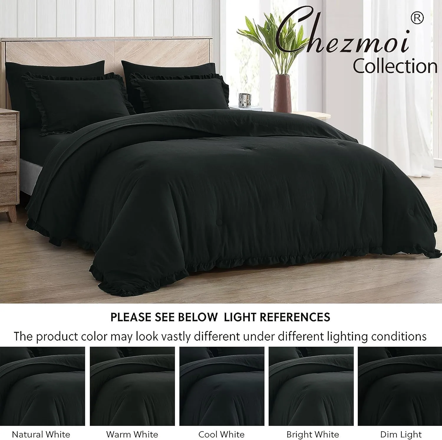 Chezmoi Collection Eleanora Twin Bed in a Bag 5-Pieces Ruffled Edge Trim Stone Washed Double Brushed Microfiber Comforter with Sheets Lightweight All Season Bedding Set (Twin, Black)